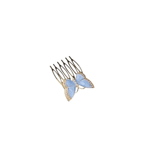 Elegant gold hair comb featuring a blue butterfly with sparkling rhinestones and 5 prongs