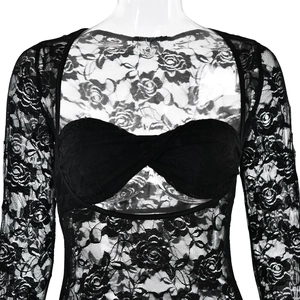 Detailansicht eines schwarzen Spitzenkleids mit Twist-Knoten und floralen Mustern