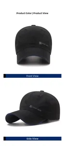 Detail view of quick-dry black baseball cap with blue trim and reflective side logo