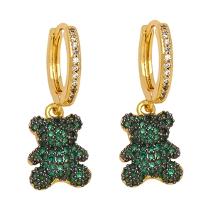 Chic gold teddy bear drop earrings with inlaid green and white cubic zirconia crystals