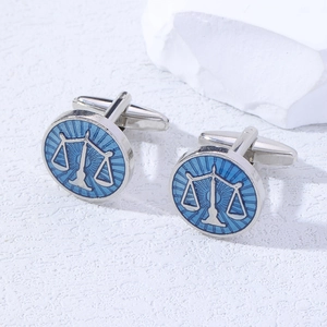 Men Libra Scales Cufflinks Alloy Enamel Blue Silver Round Business French Shirt Accessories Gift For Lawyer