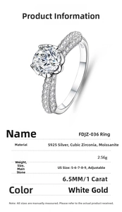 Detailed S925 sterling silver ring specifications with 1 carat moissanite and size guide