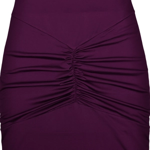 Detailed close-up of ruched texture and pleated fabric on this dark purple bodycon dress