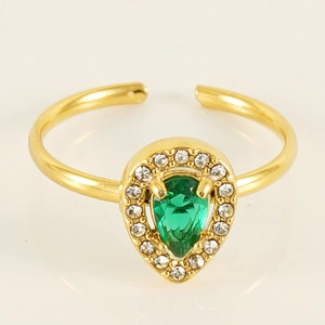 18K gold plated double layer ring with green teardrop zircon and pavé setting