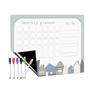 Close-up of magnetic monthly planner with 6 colorful dry erase markers and magnetic back