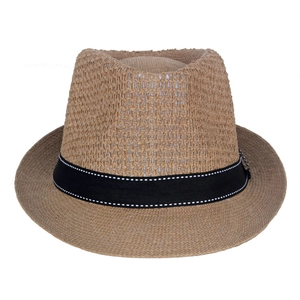 Detail of straw fedora hat with breathable hollow weave and black ribbon band trim