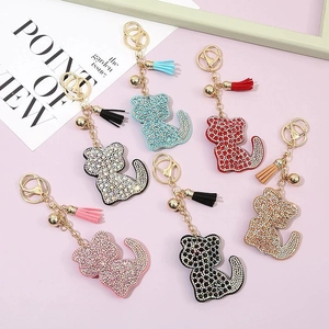 Cute Cartoon Cat Keychain Rhinestone Crystal Alloy Bell Leather Tassel Bag Charm For Women Girls Gift