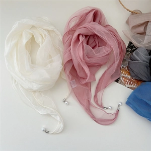 Elegant lace scarf with pearls in white and pink, stylish neckerchief for women