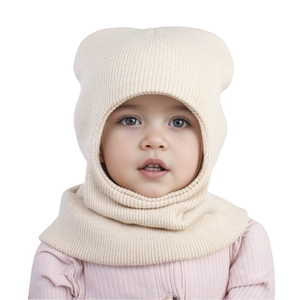 Detail of cream rib-knit baby hood with bear ears covering head and neck for warmth