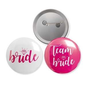 White and rose pink Bride to Be tinplate badges with diamond icons for bridal shower parties