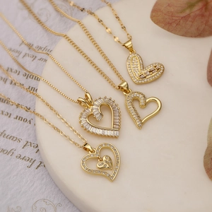 Heart Pendant Necklace Gold Plated Copper With Sparkling Zircon Simple Fashion Elegant Jewelry For Women