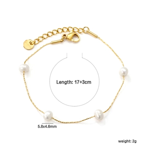Elegant 18K gold-plated stainless steel bracelet featuring four white pearls and extension chain
