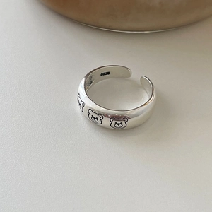 Minimalist S925 sterling silver open ring featuring a cute cartoon bear head pattern