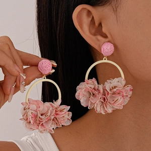 Floral Fabric Drop Earrings Geometric Alloy Circle Sweet Vacation Style With Stainless Steel Earring Post Women