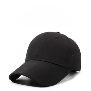 Detail view of breathable side mesh holes and stitching on black quick-dry baseball cap