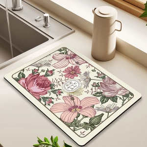 Absorbent vintage floral kitchen drying mat with pink and green flower patterns
