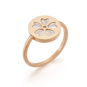 Rose gold stainless steel ring with white shell cherry blossom and zircon center