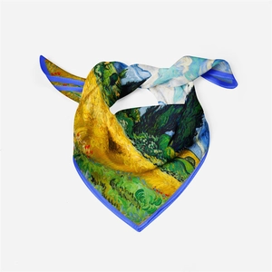 Detail of Van Gogh Wheat Field with Cypresses oil painting pattern on a silk square scarf