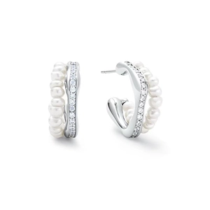 Silver-tone C-shaped hoop earrings with white pearls and sparkling cubic zirconia stones