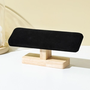Solid wood T-bar jewelry display stand with black velvet surface for watches and bracelets