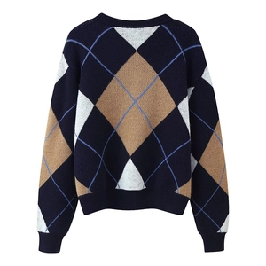 Classic navy blue argyle crew neck sweater featuring brown and white knit pattern