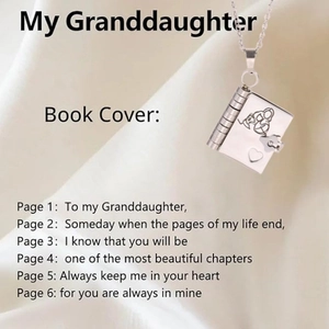 Detail view of silver book locket necklace with sentimental engraving for granddaughter