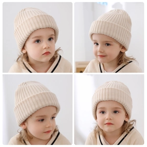 Multi-angle views of a soft beige ribbed knit beanie for toddlers and kids