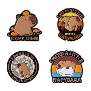 Set of four cute capybara enamel pins featuring funny puns and vivid animal designs