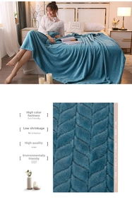 Detailed texture of navy blue flannel blanket with embossed leaf pattern and soft fabric close-up