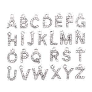 Silver A-Z initial alphabet pendants set with sparkling crystals and metal rings