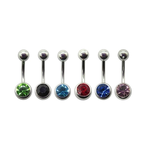 Detail view of six surgical steel belly rings featuring colorful turquoise and wood beads