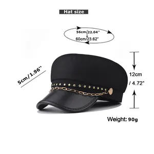Size chart for black military hat with gold chain details and star ornaments