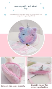 Detailed view of plush unicorn crossbody bag with silver horn and zipper compartment