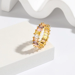 Rainbow Eternity Ring Brass Real Gold Plated Colorful Baguette Cubic Zirconia Geometric Fashion Jewelry For Women