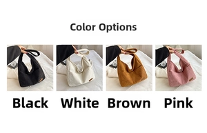 Detail view of corduroy shoulder bags in black, white, brown and pink color options