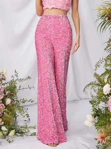 Pantalon large à paillettes rose brillant à taille haute pour les soirées élégantes