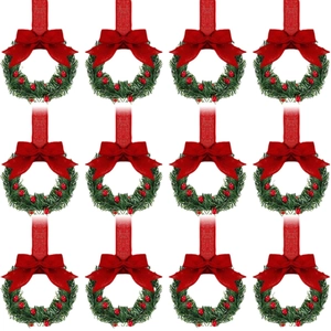 Set of 12 mini Christmas wreaths with red bows and berries for festive decorations