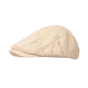 Retro distressed beige canvas driving cap with vintage worn-out details for outdoor style