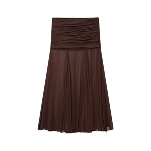 Dark brown sheer pleated midi skirt with elastic waist displayed on white background