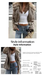 Detailed fabric texture of brown faux fur coat with lapel and leisure style design
