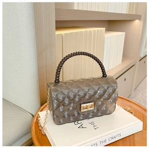 Close-up of translucent grey quilted jelly bag with black beaded handle and chain