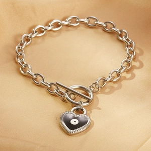 Silberne Gliederkette Armband mit Herz-Auge-Anhänger und Knebelverschluss