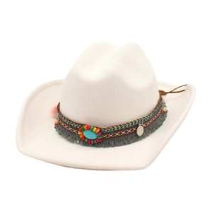 Detail of white felt cowboy hat with ethnic woven band, tassels and turquoise stone