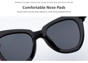 Macro shot of comfortable integrated nose pads on black retro cat-eye sunglasses