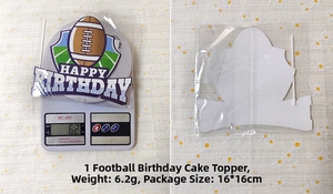 Macro view of American football happy birthday cake topper with weight and size details