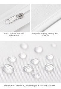 Detail of durable metal zipper and waterproof reinforced edges on white storage bag