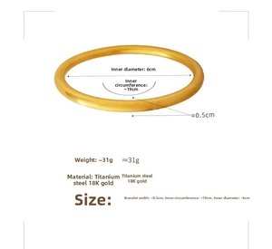 Detail specifications of 18K gold plated titanium bangle with size and weight annotations
