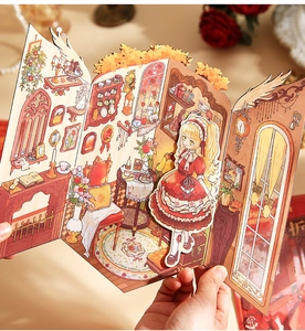 Close-up of 3D folding sticker featuring a vintage European dollhouse and lolita girl