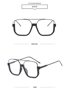 Viste frontali e laterali di eleganti montature per occhiali neri oversize a doppio ponte