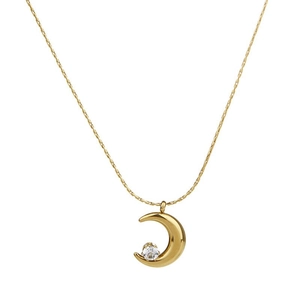 Minimalist crescent moon necklace in gold finish featuring a single round zircon stone